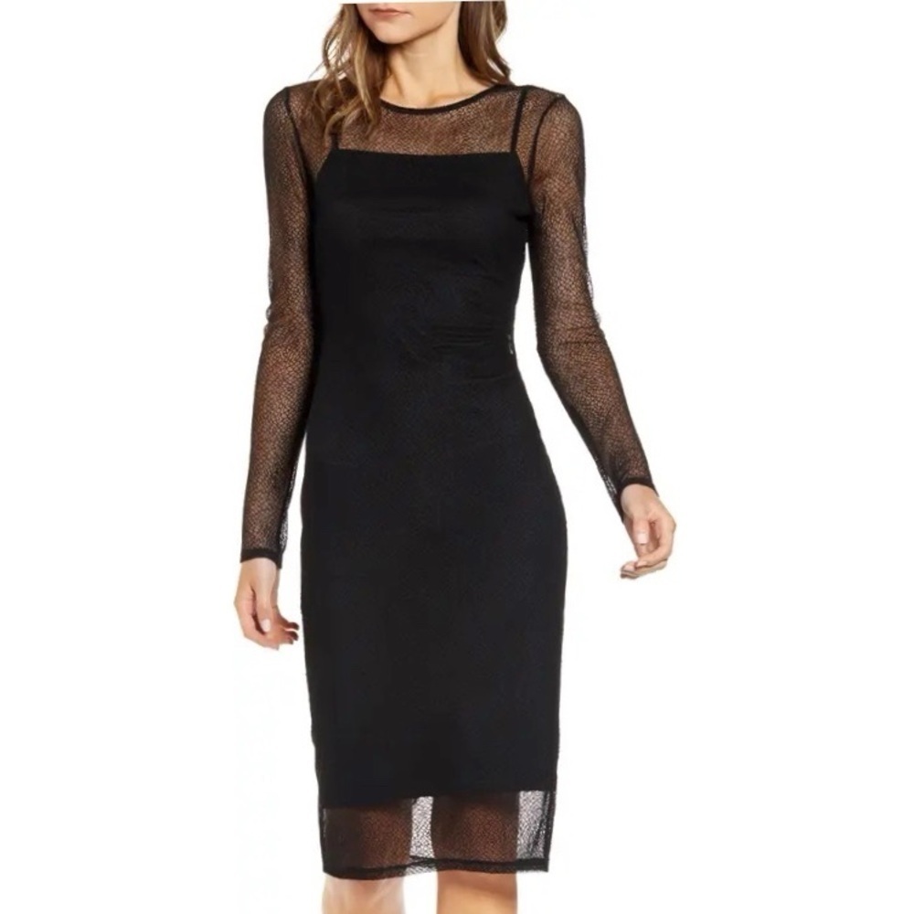 [Chelsea 28] Black Mesh Overlay Long Sleeve Dress